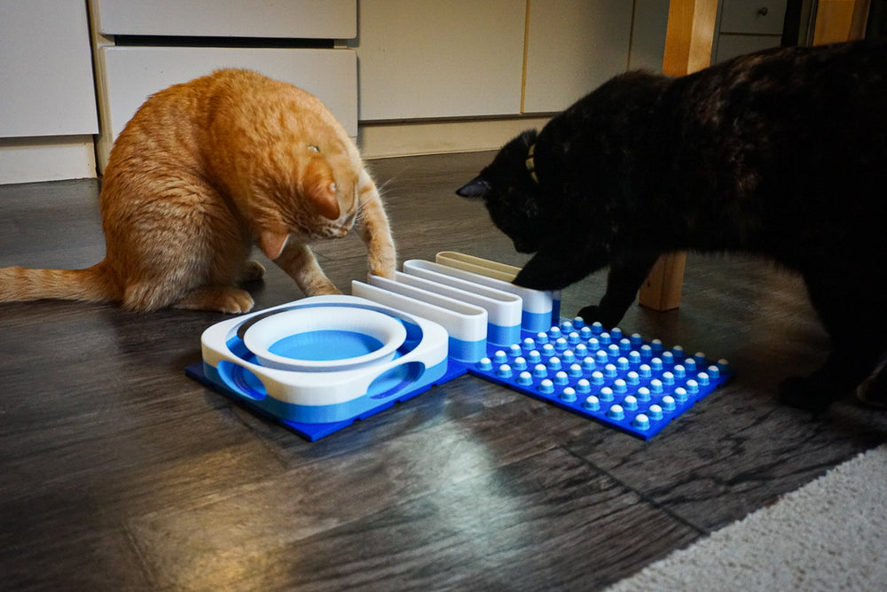 The Snap-Cat Starter Kit with blue and white play and feeding modules
